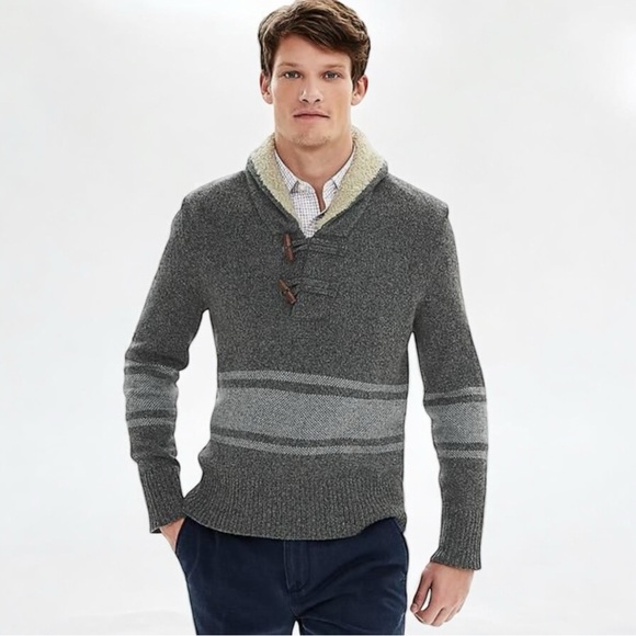 Banana Republic Birdseye Grey Stripe Wool Shawl Neck Pullover Sweater - Picture 2 of 12